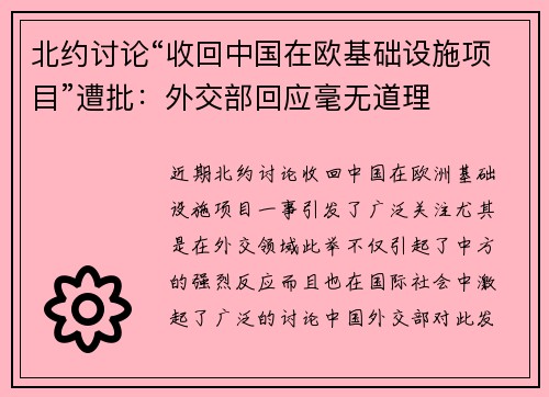 北约讨论“收回中国在欧基础设施项目”遭批：外交部回应毫无道理