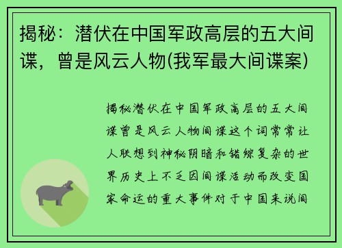 揭秘：潜伏在中国军政高层的五大间谍，曾是风云人物(我军最大间谍案)