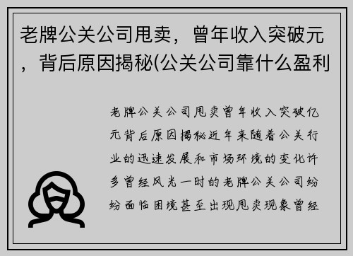 老牌公关公司甩卖，曾年收入突破元，背后原因揭秘(公关公司靠什么盈利)