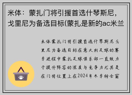 米体：蒙扎门将引援首选什琴斯尼，戈里尼为备选目标(蒙扎是新的ac米兰)