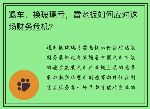 退车、换玻璃亏，雷老板如何应对这场财务危机？