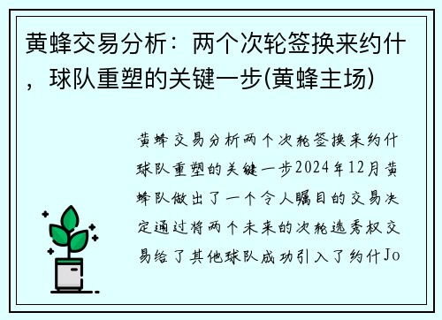 黄蜂交易分析：两个次轮签换来约什，球队重塑的关键一步(黄蜂主场)